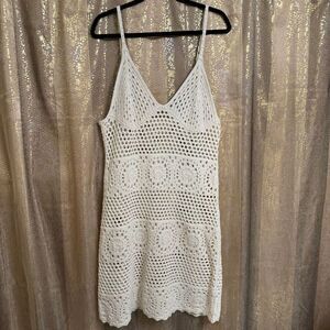 Aerie Party Coverup Knit Crochet Sheer Ivory Mini Dress XL NWT